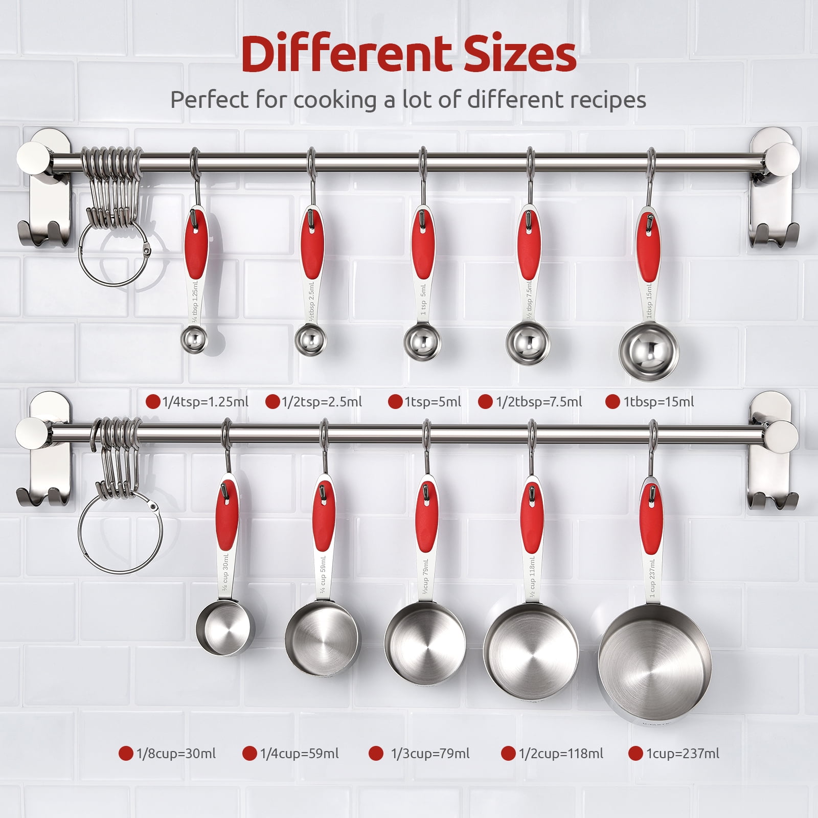 U-Taste 18/8 Stainless Steel Measuring Cups and Spoons Set: 10-Piece Metal Stacking Measure Set for Baking Cooking with Strengthened Welds (Red)