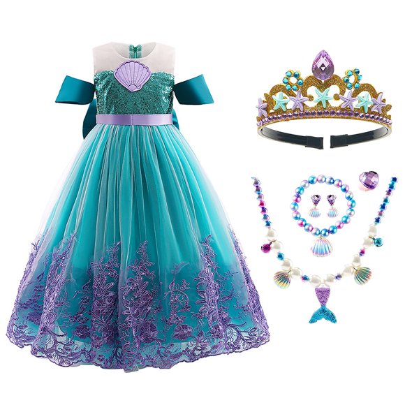 HAWEE Girls Mermaid Costume Princess Dress Up Lace Floral Off Shoulder Mermaid Evening Elegant Dress with Accessories