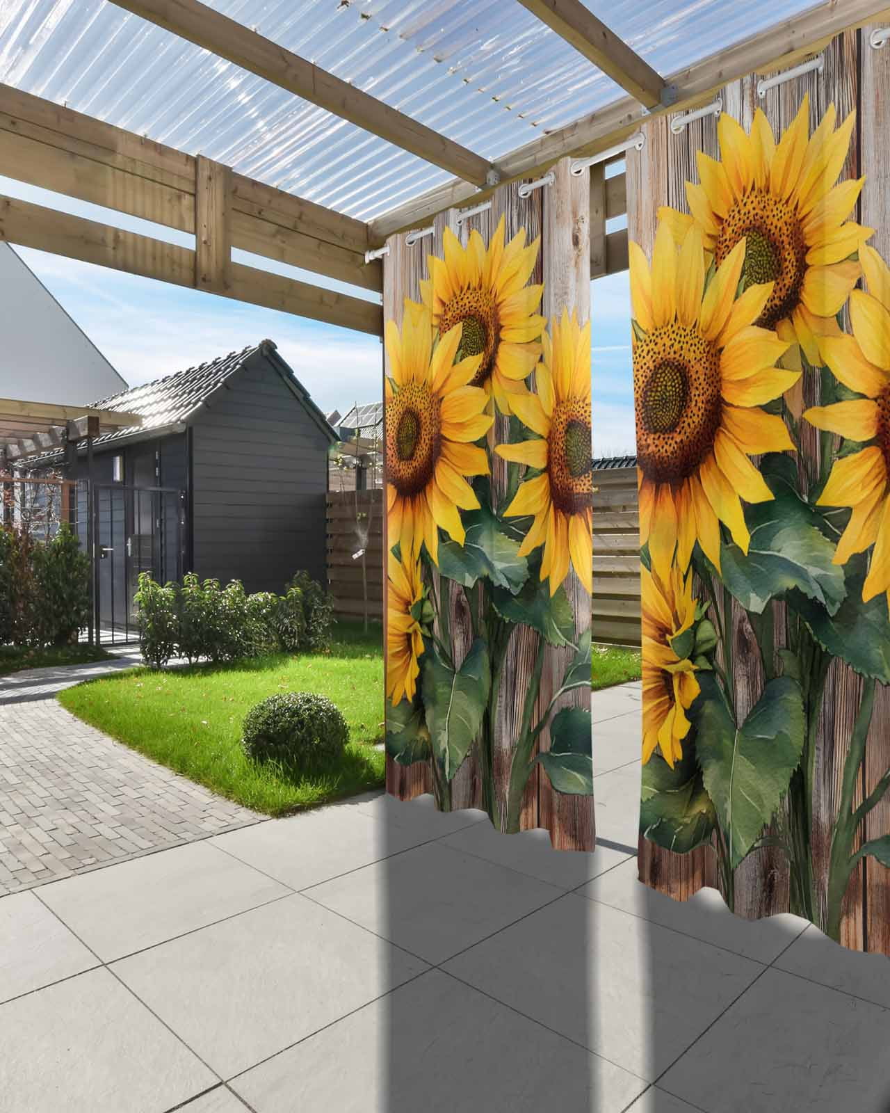 nqOlkjepod Outdoor Curtains for Patio Waterproof, Retro Sunflower Outdoor Privacy Panels Grommet, Spring Summer Vintage Botanical Wood Blackout Outside Curtains for Porch/Cabana 54"x95", 1 Panel
