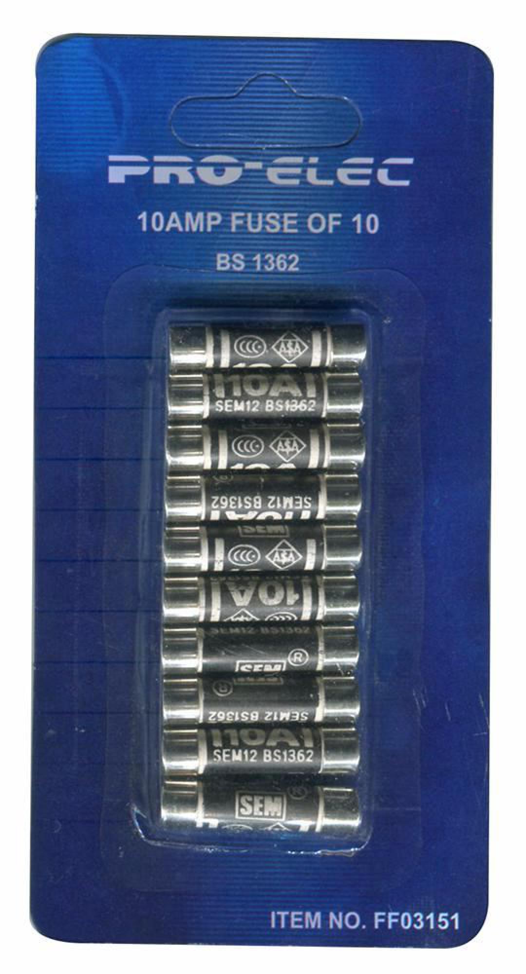 PRO ELEC Fuse, BS1362, Plug Top, 10A, 10 Pack