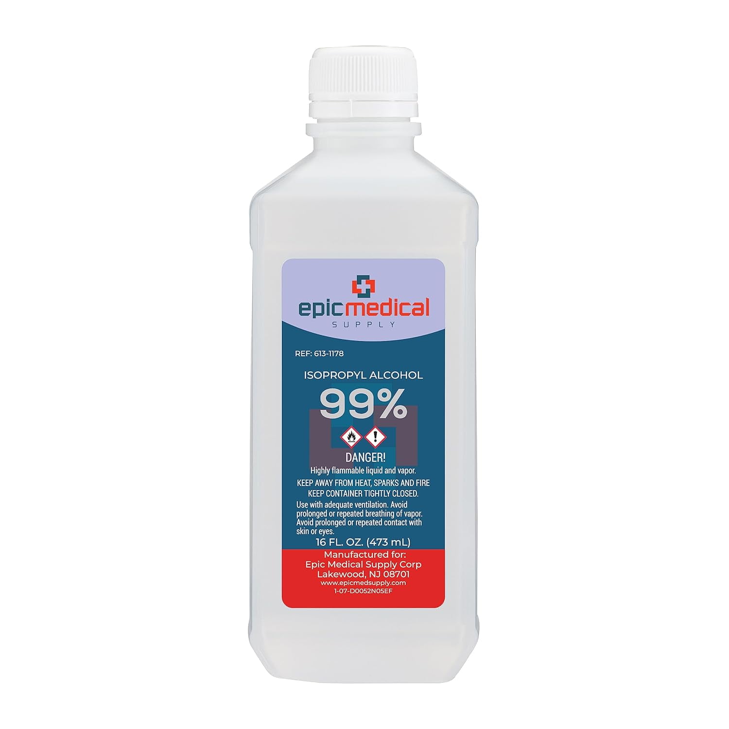 Epic Medical Supply 99% Isopropyl Alcohol, 16 oz. Bottle, General Purpose Cleaner, Technical Grade