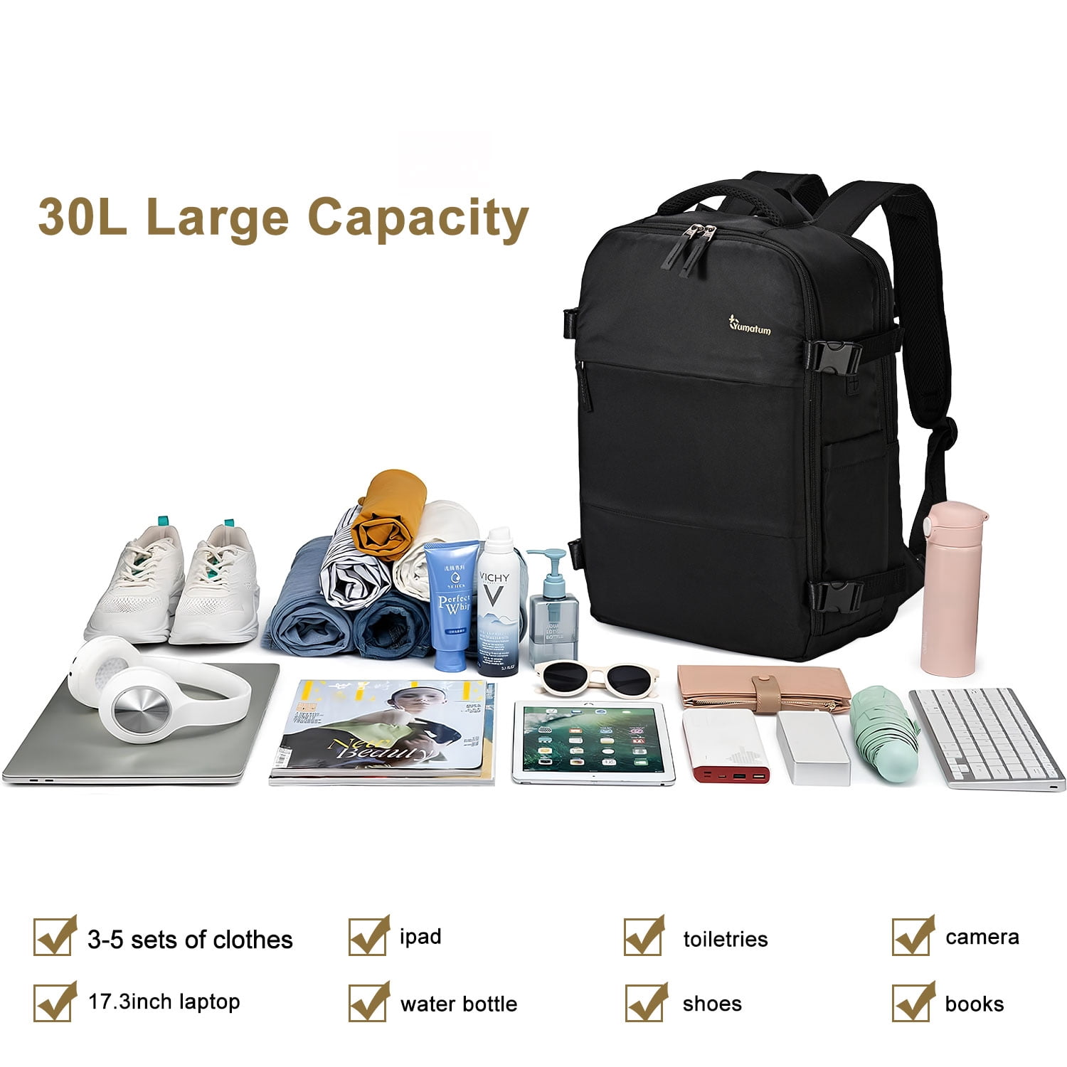 Travel Backpack for Men & Women, Laptop Backpack with USB Port, Flight Approved Carry on Backpack Fits 16" Laptop, Black