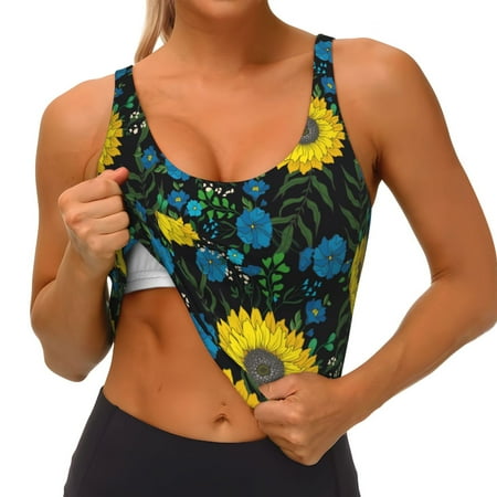 Qokaie Sunflowers And Blue Flower Pattern Womens Scoop Neck Sports Bra Breathable Workout Vest Padded U Back Medium Impact Fitness Gym Yoga Bra Workout Crop Top