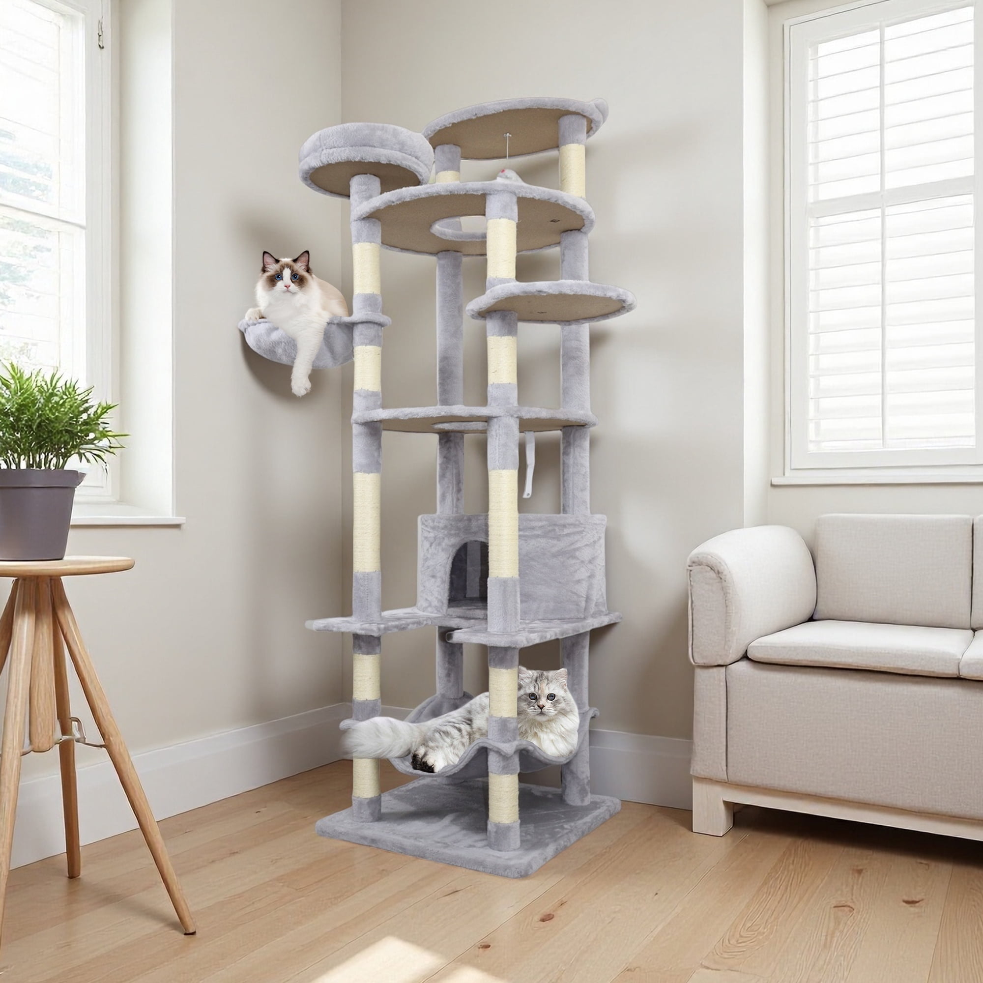 Zephypaws 80 in Big Cat Tree for Indoor Cats,Cat Tower for Multiple Adult Cats XXL Cat Tree with Scratching Post,Hammock,5 Perches,Condos,2 Hanging Basket,Light Grey