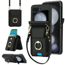 for Motorola Razr 60/Razr 2025 Case, Retro PU Leather Shockproof Protection Phone Case Wallet Built in Credit Card Slots Flip Cover Finger Ring Stand with Long Strap   Short Strap, Black