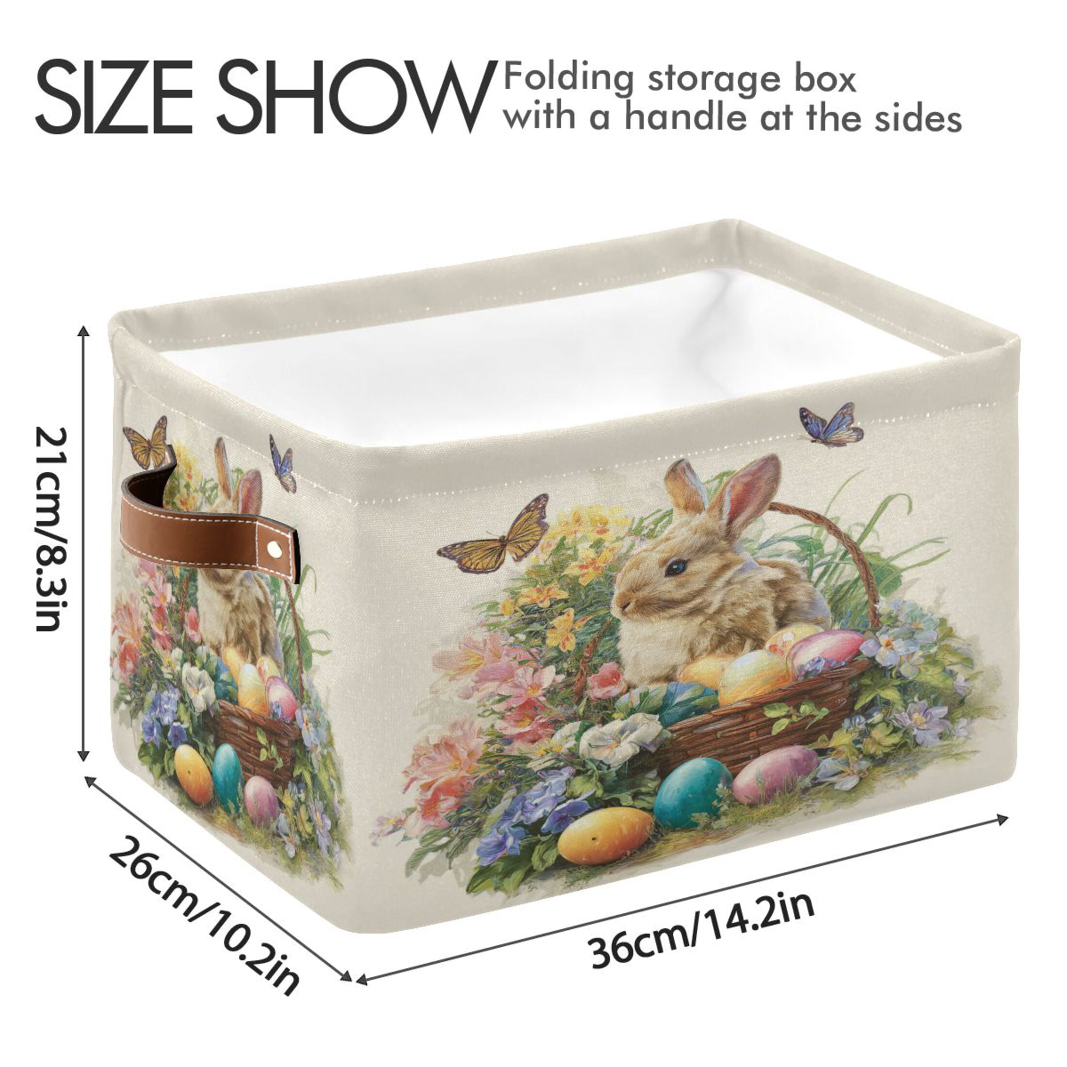 Wobogo Easter Egg Basket Bunny Square Storage Basket Set of 2 with Waterproof Canvas and PE Lining Durable PU Leather Handles 14.2×10.2×8.3in