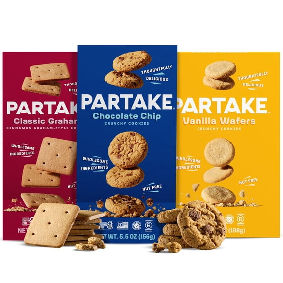 Gluten Free Partake Crunchy Cookie & Cracker Variety Pack (Chocolate Chip, Classic Graham Cracker, Vanilla Wafer) - Vegan - Free From the Top 9 Allergens - Non GMO -  (3 Pack, 5.5oz Boxes)