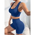 thumbnail image 4 of Women Seamless Ribbed 2 Piece Yoga Set Racerback Crop Sports Bra High Waist Stretch Biker Shorts Workout Outfit Dark Blue L, 4 of 7