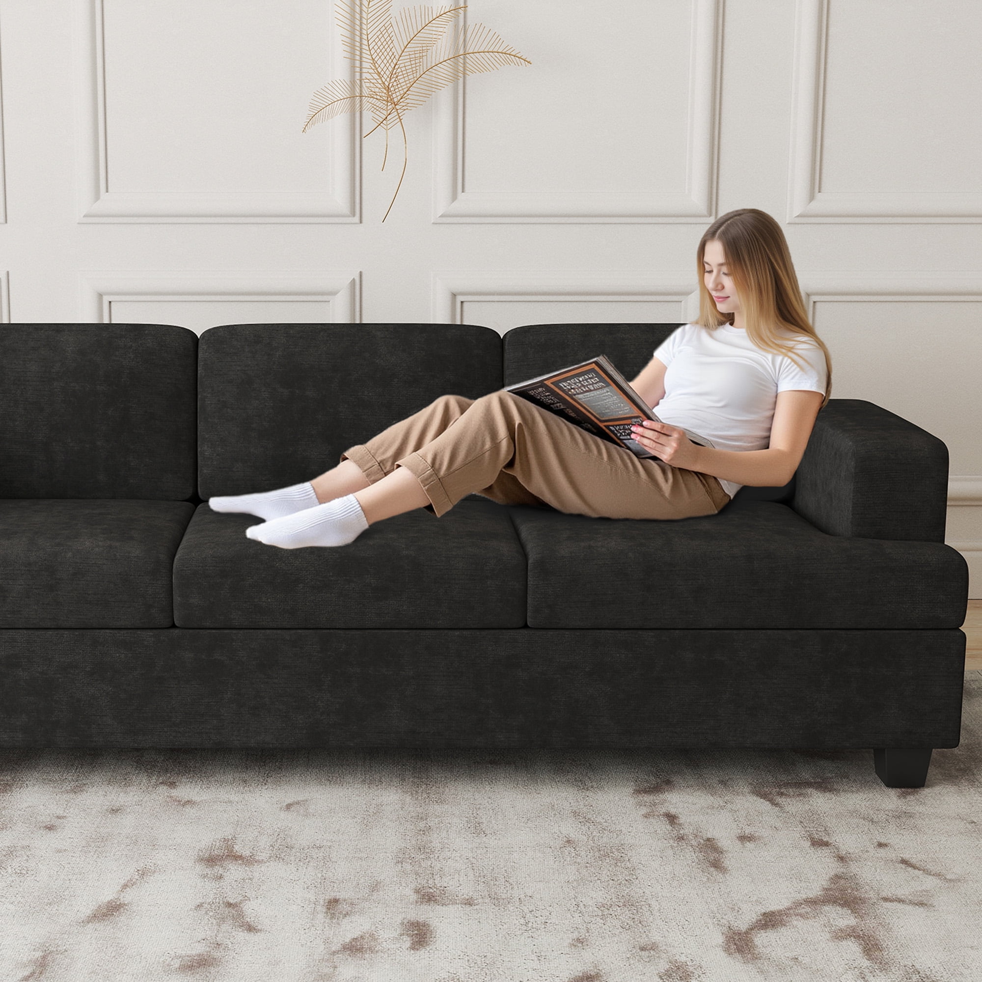 YOUDENOVA 89 Inch Sofa Couch, Modern 3-Seater Sofa for Living Room, Modern Sleeper Couches Deep Seat Sofa Lounge for Apartment, Black Chenille