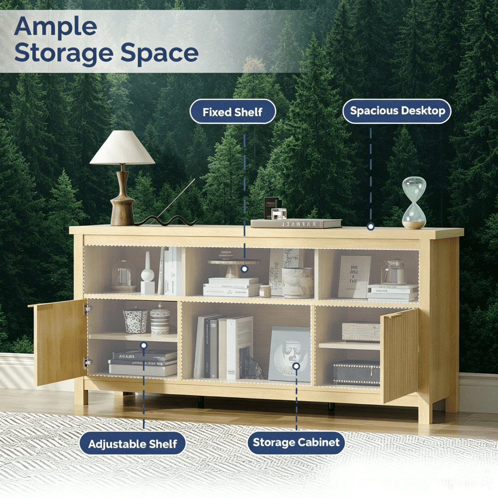 TV Stand with 4 Open Cubbies & 2 Fluted Hinged Storage Doors, Adjustable Inner Shelves, Cable Management Holes, Media Console Cabinet for Living Room Bedroom, 58.07" x 14.96" x 27.36"
