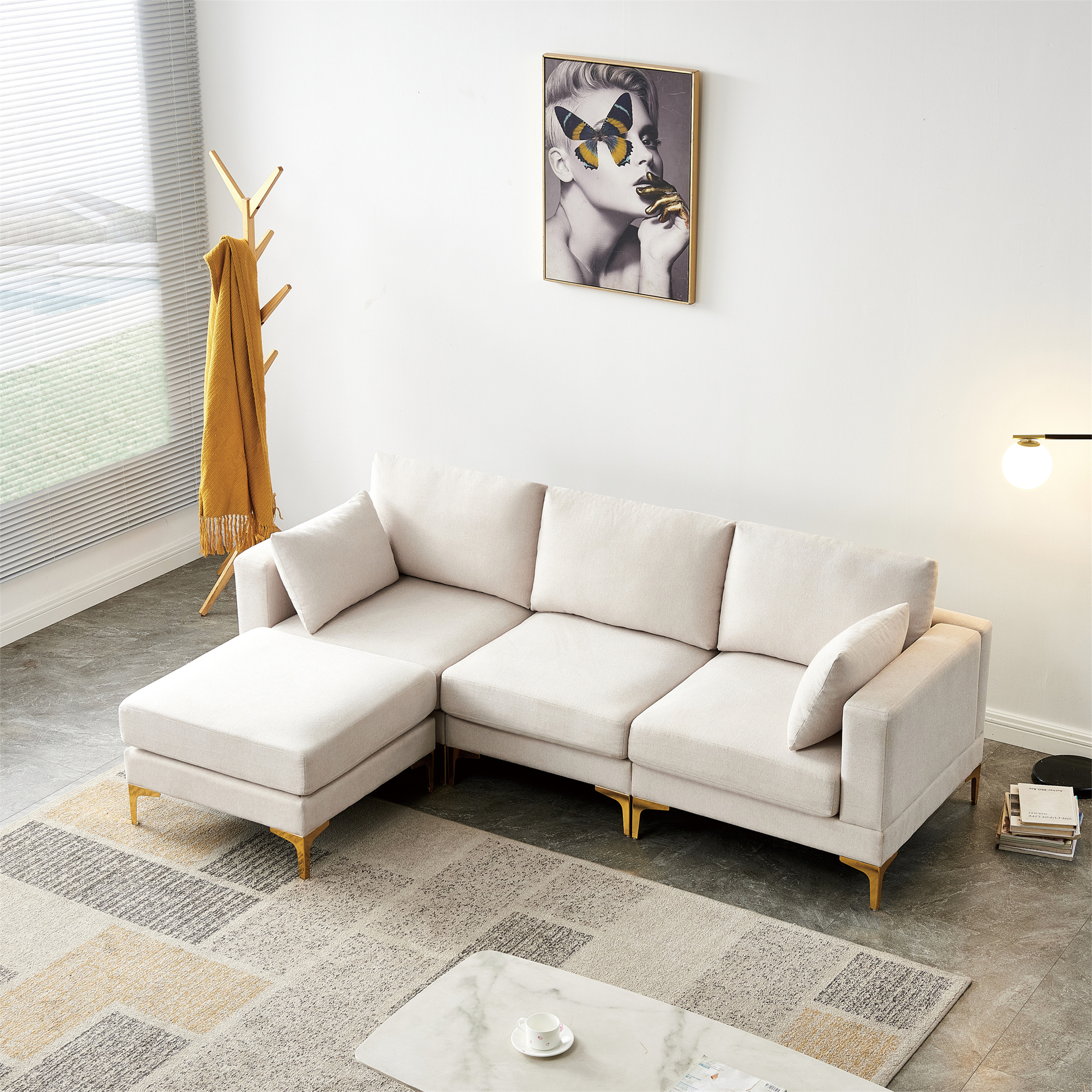Aukfa 3-Piece Living Room Sectional Couch, Loveseat, Sofa Chair, Ottoman, 2 Pillows, Beige