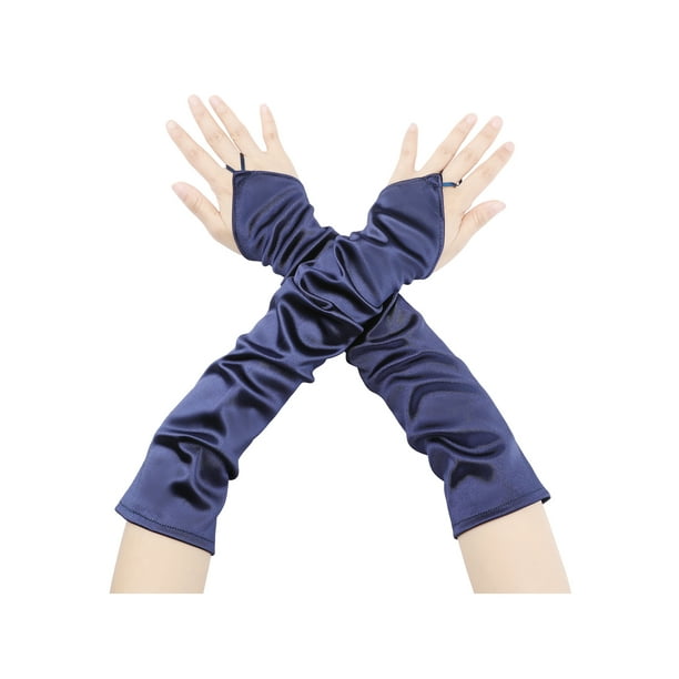 INSPIRAR CHIC Guantes largos sin dedos para mujer de satén de los años 1920 con bucle para los dedos, talla única, azul marino