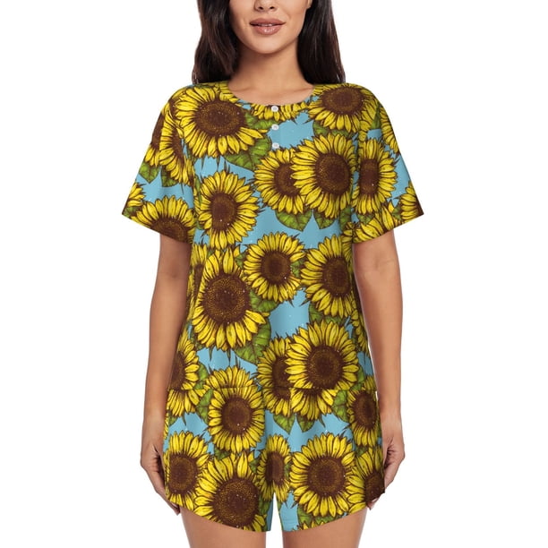 Balery Sunflowers Conjunto de Pijama para Mujer con Estampado, Dos Piezas de Manga Corta y Shorts, Ropa de Dormir Suave con Cuello Redondo y Bolsillos-Large