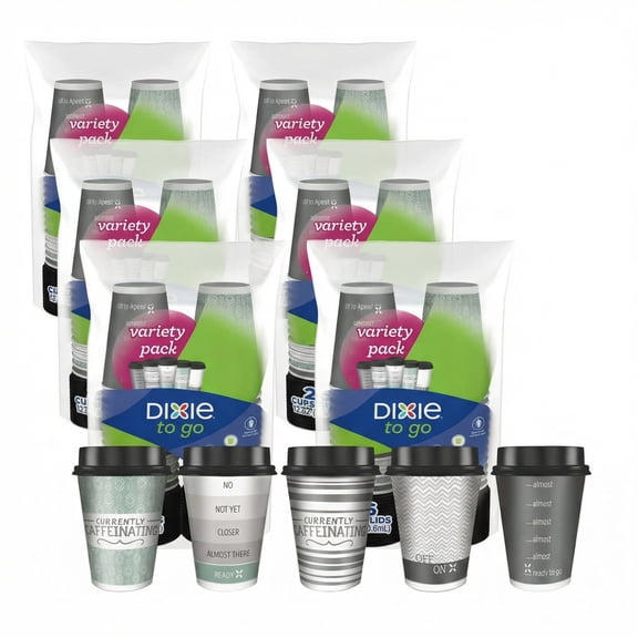 Dixie To Go - 156 Cups of Assorted Design Disposable Hot Beverage Paper Coffee Cups with Lids, 12 Oz