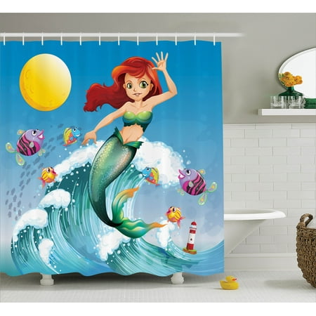 Kids Shower Curtain Set, Illustration of Cute Little Mermaid on top of a Big Wave in the Surf with Fish Kids Decor, Bathroom Decor, Multi, by Ambesonne