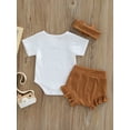 thumbnail image 4 of aturustex 3 Pcs Baby Romper Set Letter Print Short Sleeve Crew Neck Jumpsuit + Ribbed Ruffle Shorts + Bow Headband, 4 of 8