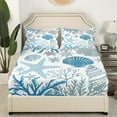thumbnail image 2 of Nautical Coastal Fitted Sheet Blue Ocean Beach Twin Bed Sheets,Seashell Starfish Sheets Conch Shell Coral Bedding Set,Plain White Blue Room Decor（No Top Sheet）, 2 of 5