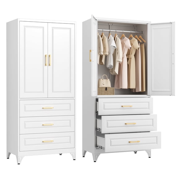 UNICOLY 71" Metal Armoire Wardrobe Closet with 3 Drawer,Tall Clothing Storage Cabinet with Adjustable Shelves and Hanging Rod,White Wardrobe Closet