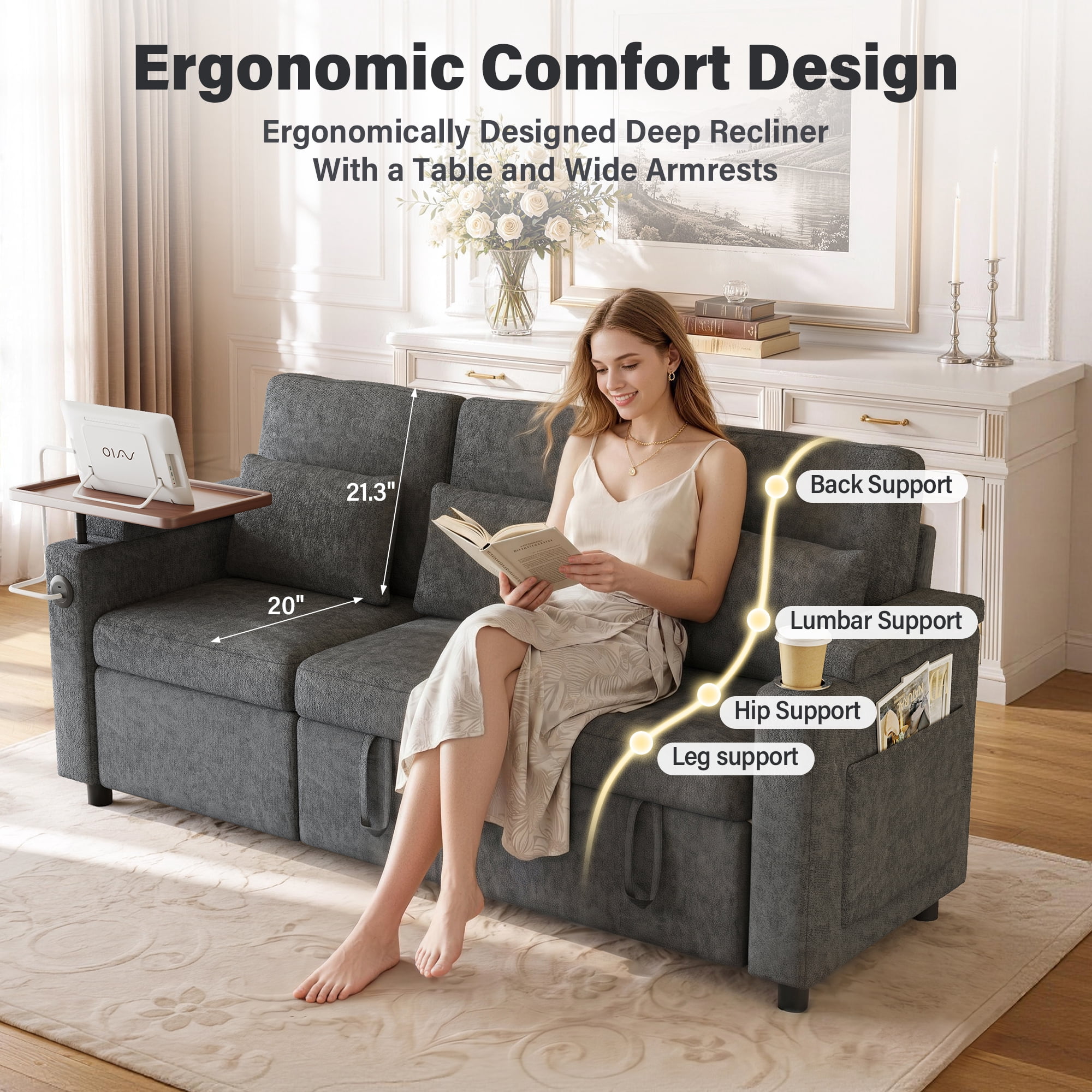 Aukfa 81" Convertible Sleeper Sofa,Chenille 3-in-1 Sofa Bed with Recliner,Center Table,USB Ports & Storage Armrests,Gray