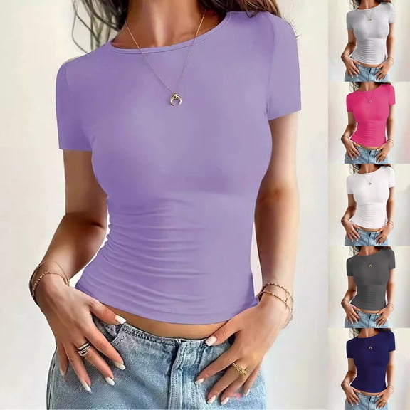 Womens Basic T Shirts Summer Tops Short Sleeve Tee Cute Slim Fit Solid Color Gym Workout Clothes Purple