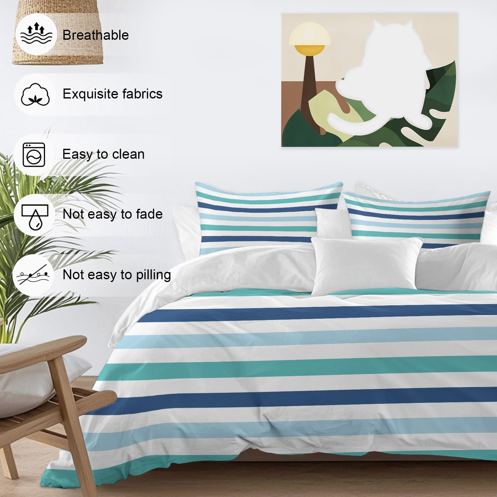 Blue Turquoise Navy Striped Duvet Cover Set Queen Size, Modern Minimalist Abstract Lines 4 Piece Soft Microfiber Bedding Set with 1 Duvet Cover, 1 Flat Sheet, 2 Pillowcases