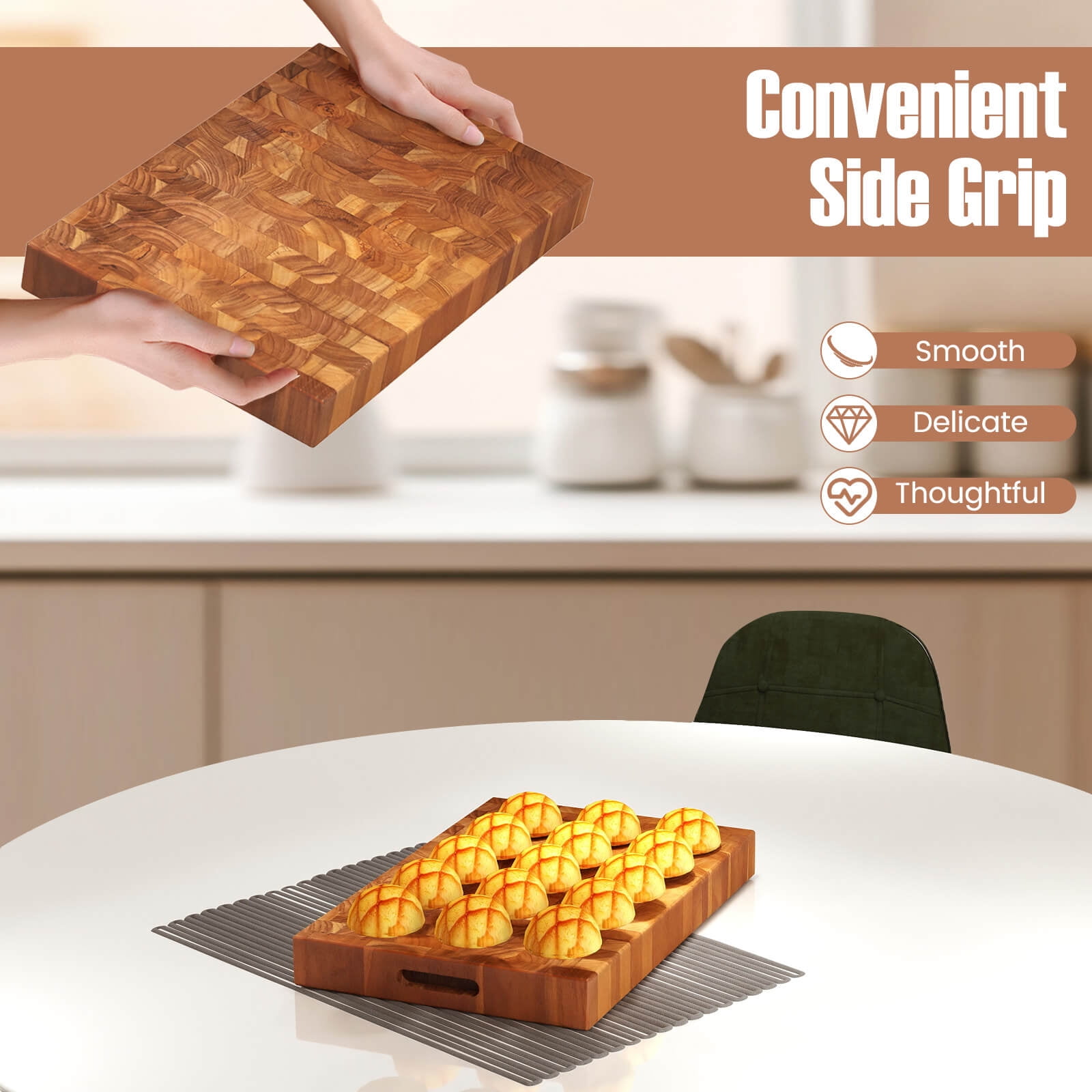 Costway End Grain Cutting Board 18" Teak Wood Chopping Block with Hand Grip