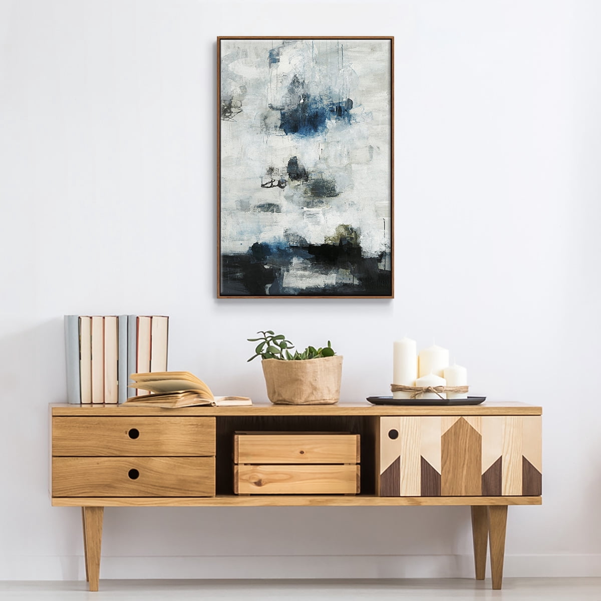 Black & Blue Framed Premium Gallery Wrapped Canvas - Ready to Hang - 27 x 41 - Walnut Floating Frame