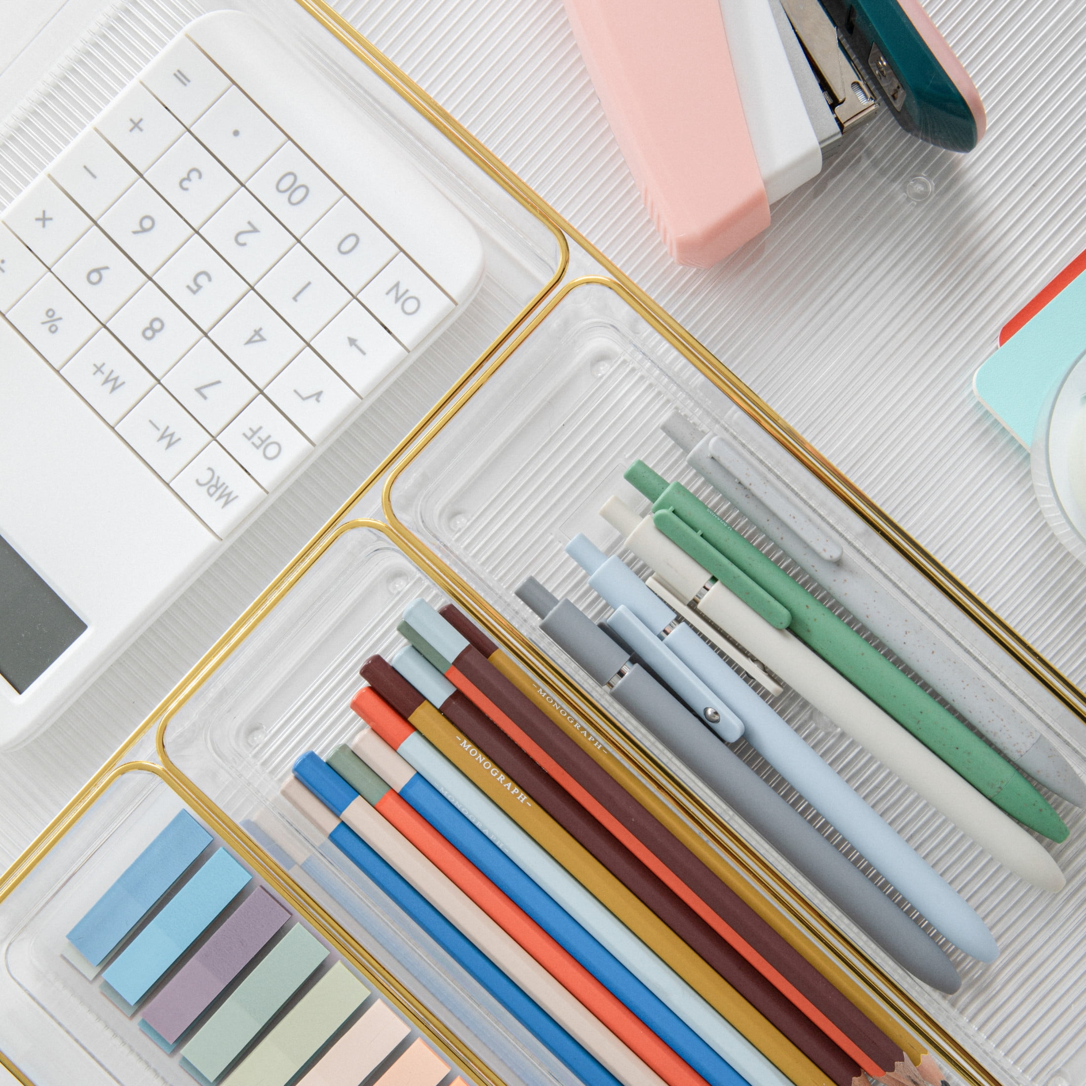 Martha Stewart Kerry Plastic Stackable Office Desk Drawer Organizers with Gold Trim, Various Sizes, Set of 5