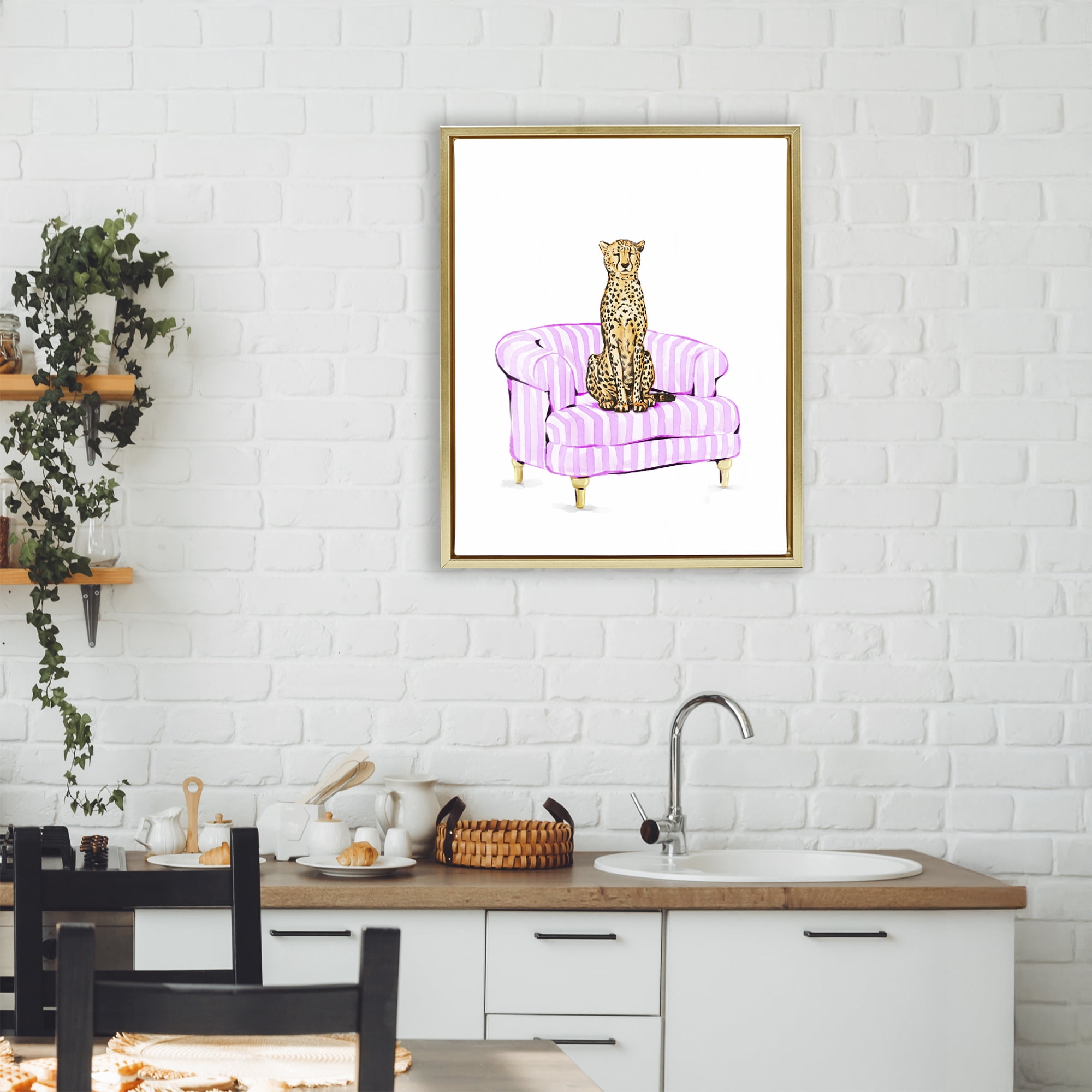 Cheetah on Pink Stripe Chair Gold Framed Floater Canvas Wall Art, design by Ziwei Li