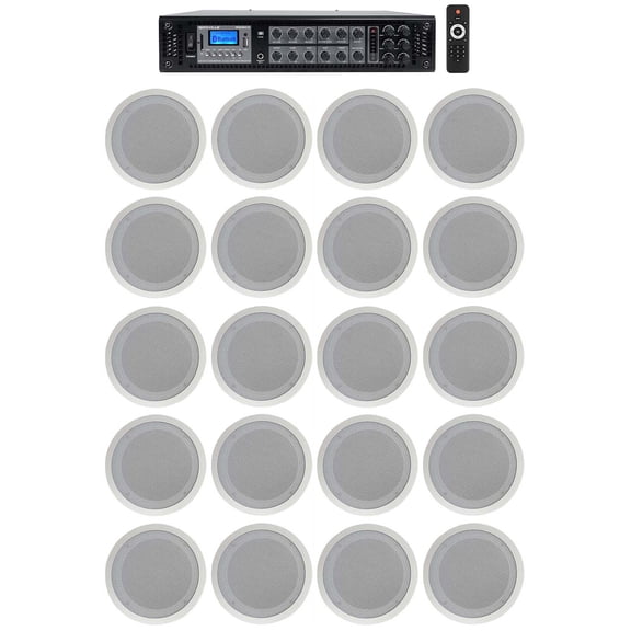 Rockville Commercial Receiver (20) 8" 2Way White Ceiling Speakers 4 Hotel/Office