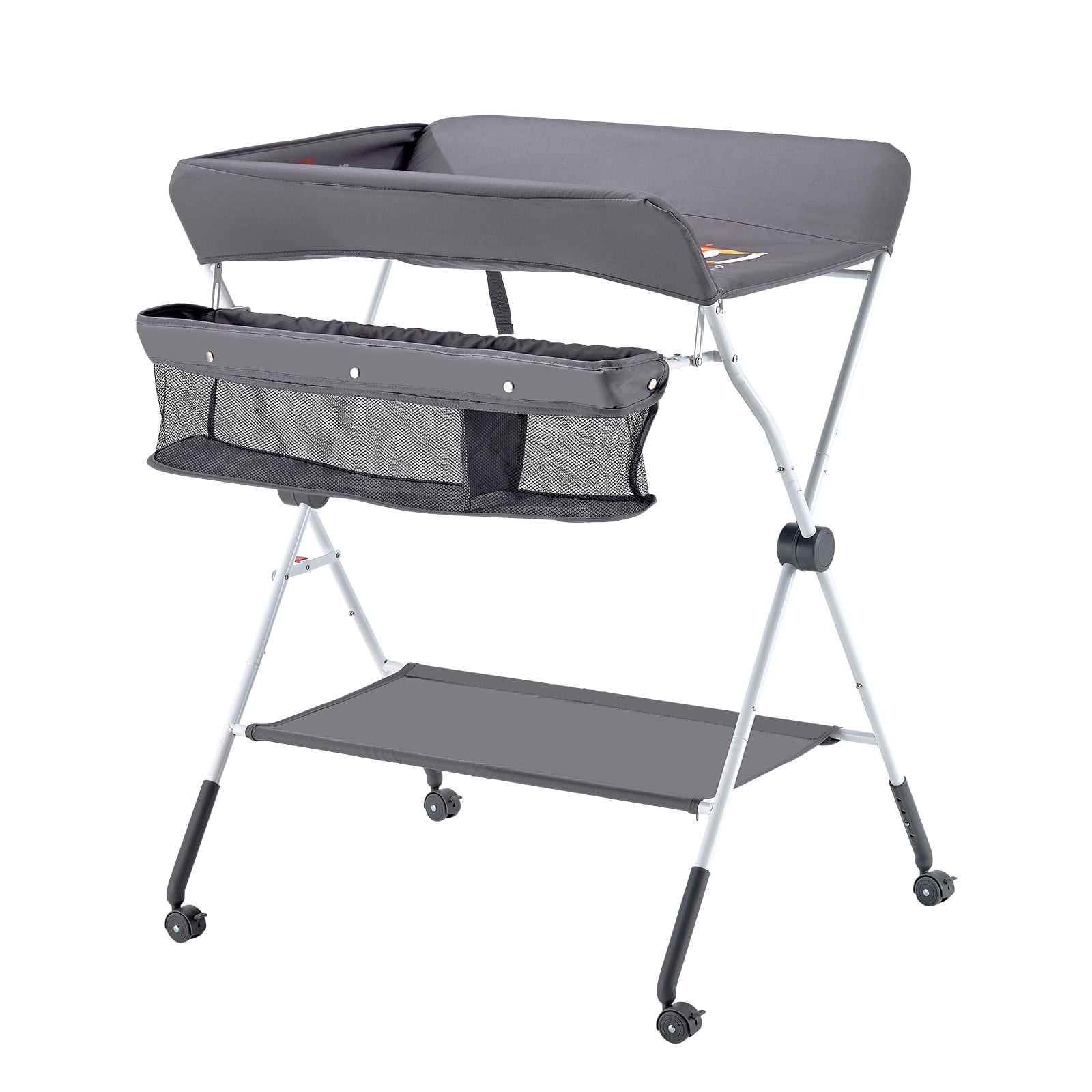 KFFKFF Foldable Baby Changing Table with Adjustable Height, Portable Diaper Station Featuring Side Basket, Lockable Wheels, and Multi-Functional Storage Organizer for Nursery, Dark Gray