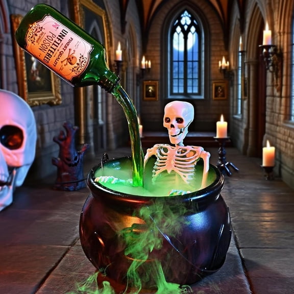 Witches Cauldron for Halloween Decor with Magic Floating Potion Bottles and Mist Maker,Flame Bucket ,Skeleton,Black Plastic Bowl for Home Decor Spooky Vintage Home Room,Halloween Decorations Indoor