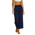 thumbnail image 5 of oiangi Wide Leg Pants Boho Smocked Elastic Waist Trousers Summer Beach Vacation Palazzo Pant with Pockets Dark Blue M, 5 of 9