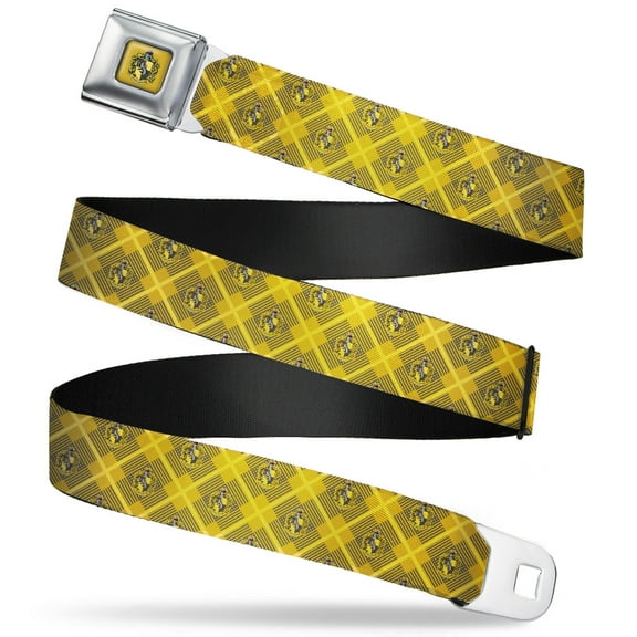 The Wizarding World of Harry Potter Belt, Seatbelt Buckle Belt, Harry Potter Hufflepuff Crest Plaid Yellows Gray, 30 to 44 Inches