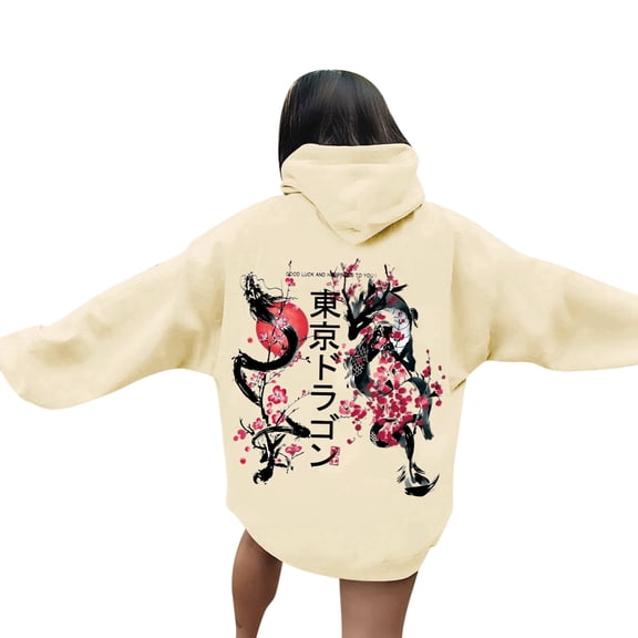 Unisex Double Sided Japanese Letter Print Hoodie Long Sleeve Pullover Sweatshirt with Pocket Winter