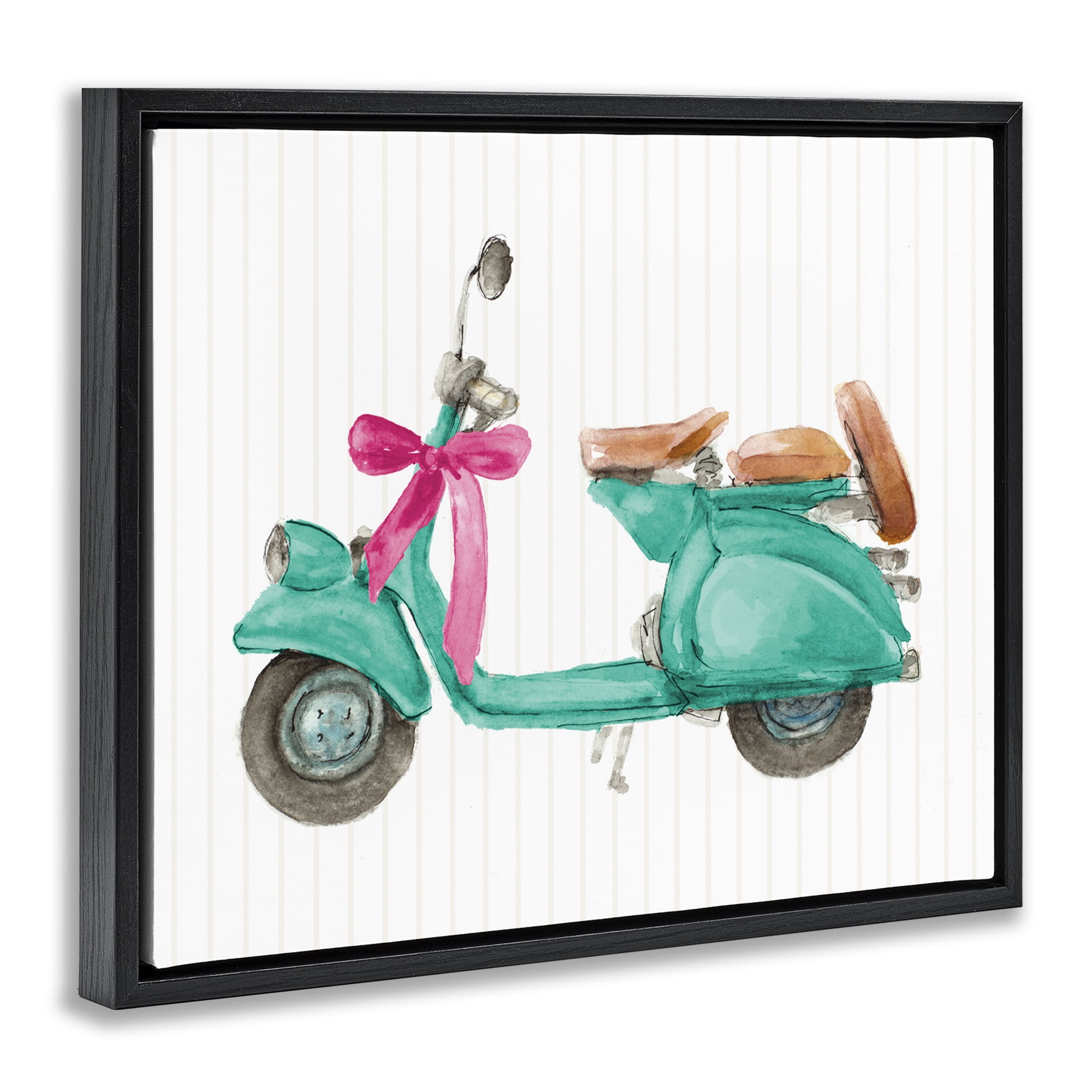 Stupell Industries Turquoise Scooter & Bow Transportation Painting Black Floater Framed Canvas Art Print Wall Art, 31 x 25