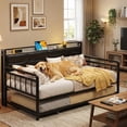thumbnail image 3 of Twin Daybed with Pop-Up Trundle - Upholstered Leather Headboard with Charging Station, Sturdy Metal Sofa Day Bed Frame for Small Apartment, Bedroom, Guest Room, Light Gray, 3 of 7