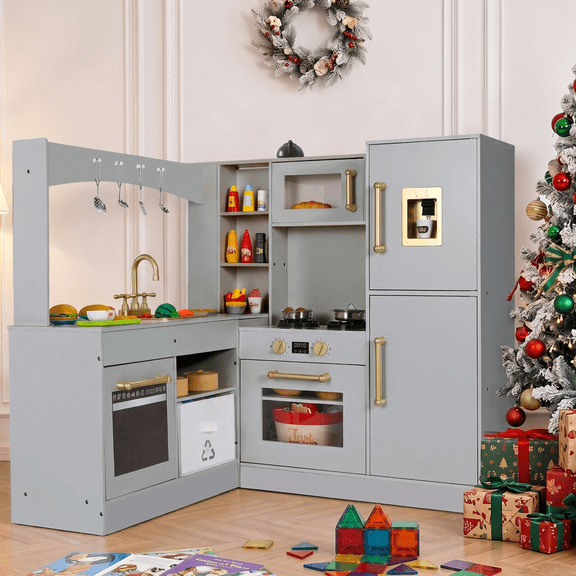 Arlopu Corner Play Kitchen for Kids w/ Sound & Light, Wooden Kitchen Playset w/ Refrigerator, Stove, Disinfection Locker, Water Dispenser & Sink for Toddler Ages 3 Boys Girls, Gray
