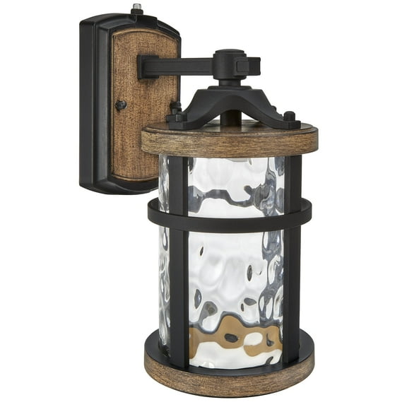 Maxxima LED Outdoor Wall Light, Black w/ Wood Grain Style Finish, Clear Hammered Glass, 800 Lumens, 3000K Warm White, Dusk to Dawn Sensor, Farmhouse Wall Mount Sconce, Rustic Coach Lantern