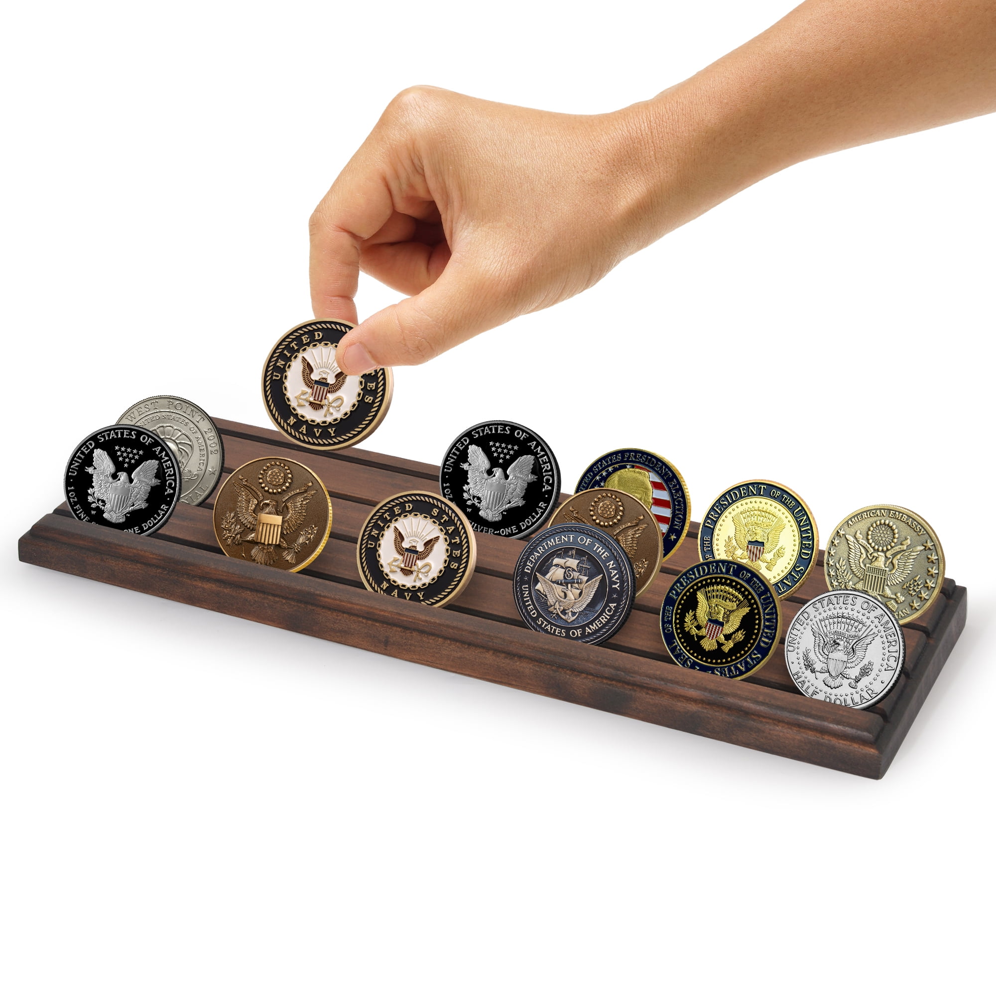 Americanflat 12x4 Picture Frame Challenge Coin Display Rows Military Stand Solid Collectible Holder - Walnut