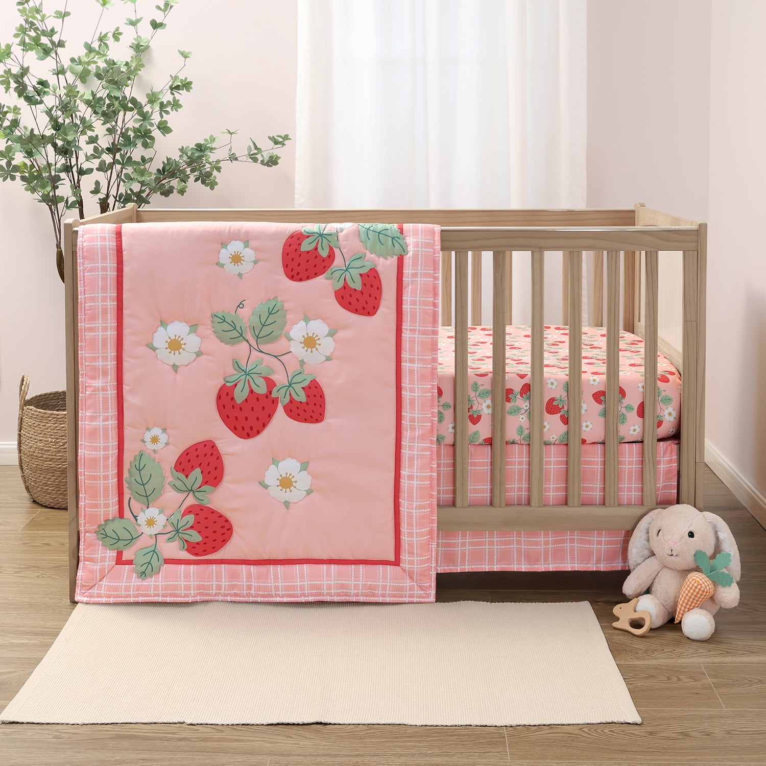The Peanutshell Strawberry Sweet 3-Piece Baby Crib Bedding Set with Quilt Blanket, Crib Sheet, and Skirt