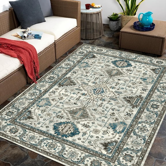 4x8ft Area Rug Vintage Rug Washable Indoor Low Pile Distressed Floor Carpet Retro Accent Rug For Living Room Bedroom Kitchen Dining Table Home Office