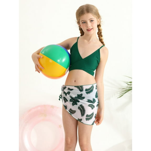 Bullpiano Girls Swimsuits, Big Girls Solid 7-14 Bikinis Bathing Suit, 3 Pieces, Size 7-14T