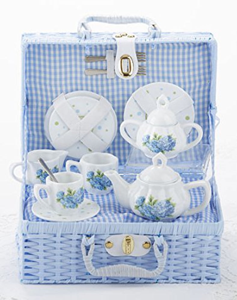 Delton Child's Porcelain Tea Set for 2 in Wicker Basket Hydrangea