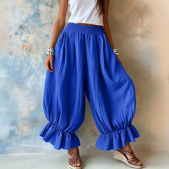 Women's Boho Harem Pants Casual Smocked High Waist Baggy Trousers with Ruffled Hem Loose Yoga Hippie Flowy Pants for Summer Vacation Lounge and Flattering Everyday Wear