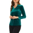 thumbnail image 4 of INSPIRE CHIC Women's Velvet V Neck Long Sleeve Blouse Top XS Lake Green, 4 of 7