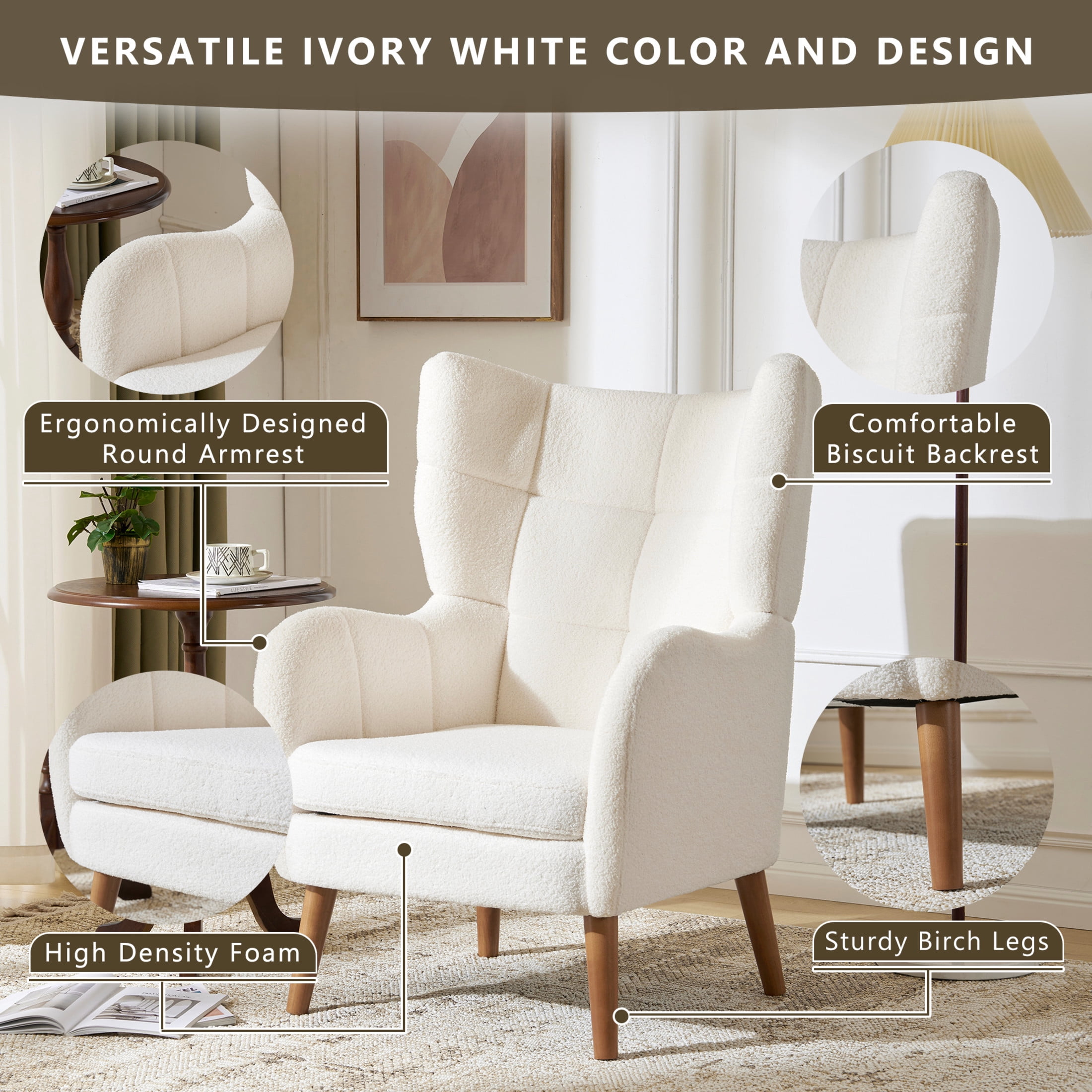 Christopher Knight Home Mid Century Accent Chair, Comfy Teddy Upholstered with Birch Wood Legs, White