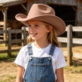 thumbnail image 2 of Kids Solid Color Felt Western Cowboy Hat Wide Rolled Curved Brim Cowgirl Costume Hat Lightweight Party Sun Hat for Boys Girls Beige, 2 of 9