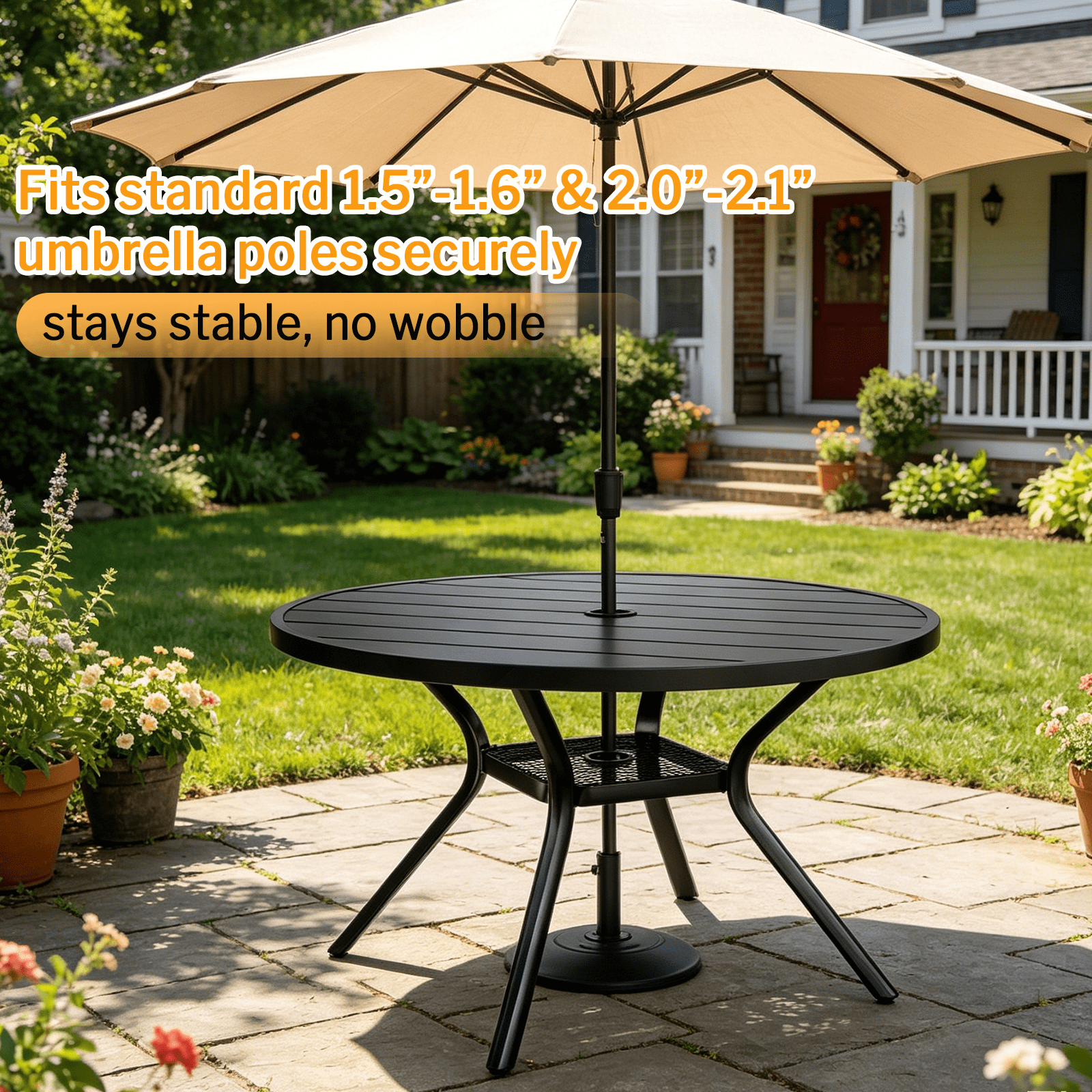 MEOOEM 41-Inch Round Outdoor Patio Dining Table with Umbrella Hole & Mesh Storage Shelf, Sturdy Stable Black Metal 4-Person Outdoor Coffee Table for Garden, Backyard & Deck