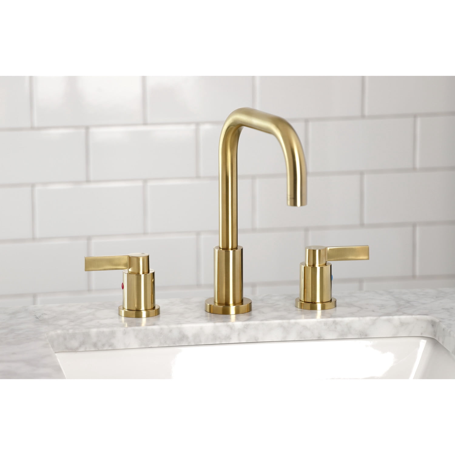 Kingston Brass FSC8933NDL NuvoFusion Widespread Bathroom Faucet with Brass Pop-up, Brushed Brass